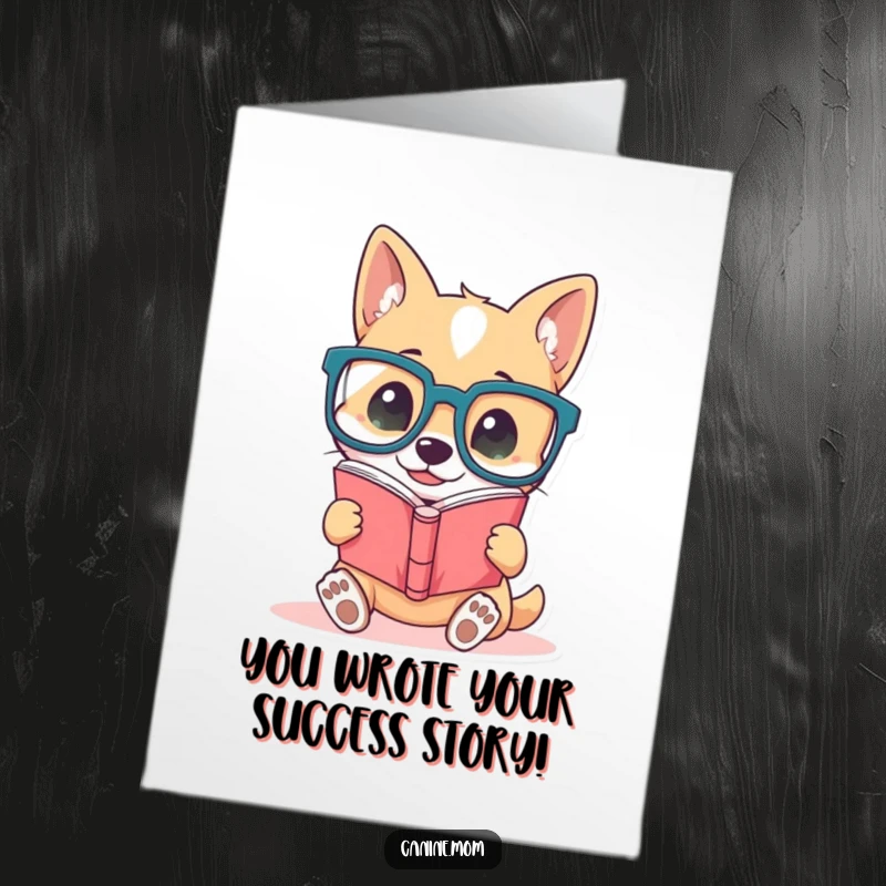 Funny Free Printable Dog Congratulations Card: Cute dog wearing oversized glasses reads a book, celebrating a win.