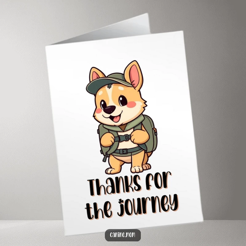 Funny Free Printable Thank You Card: A dog wearing a backpack, enthusiastically ready for any adventure, conveying thanks.