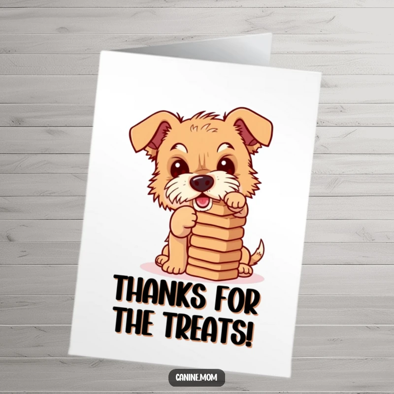 Funny Free Printable Thank You Card: A determined terrier balancing a stack of tasty dog biscuits as a thank you.