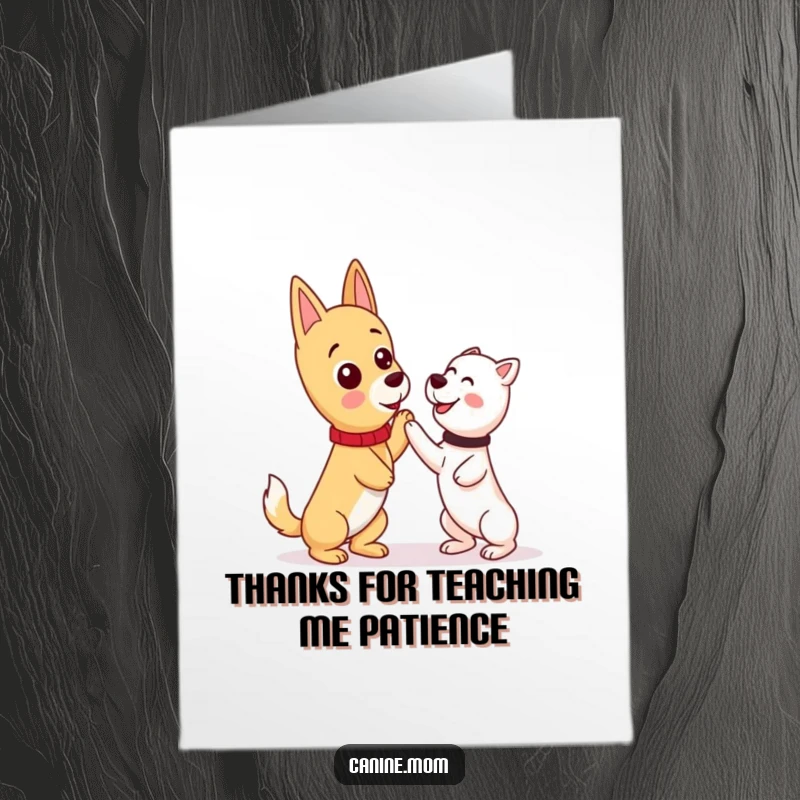 Funny Free Printable Thank You Card: Kawaii dog lady and a proud dog after mastering a trick, heartfelt thanks.