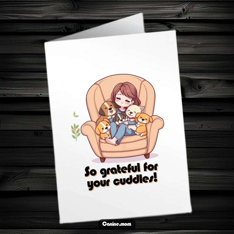 Funny Free Printable Thank You Card: Woman being cuddled by dogs in an armchair, a picture of sweet gratitude.
