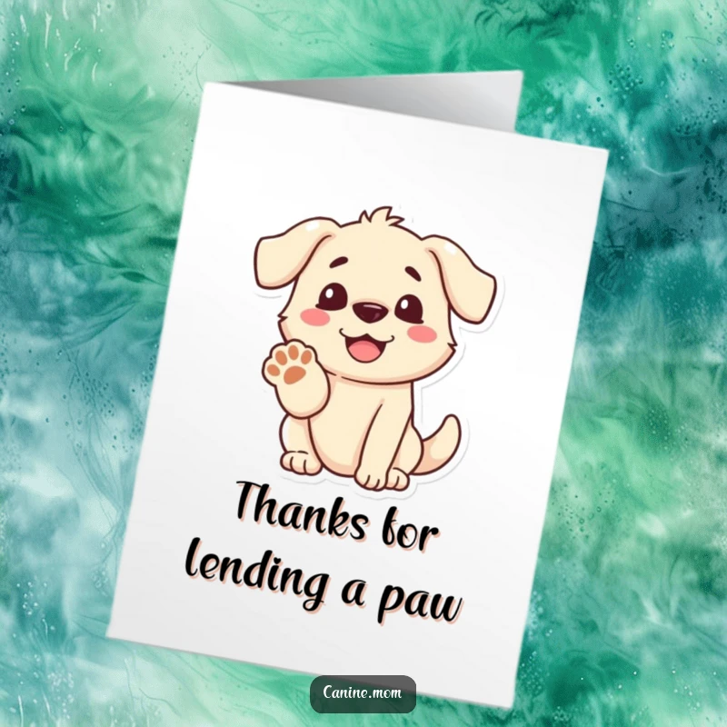 Funny Free Printable Thank You Card: A happy dog extends its paw, accompanied by a big, friendly smile.