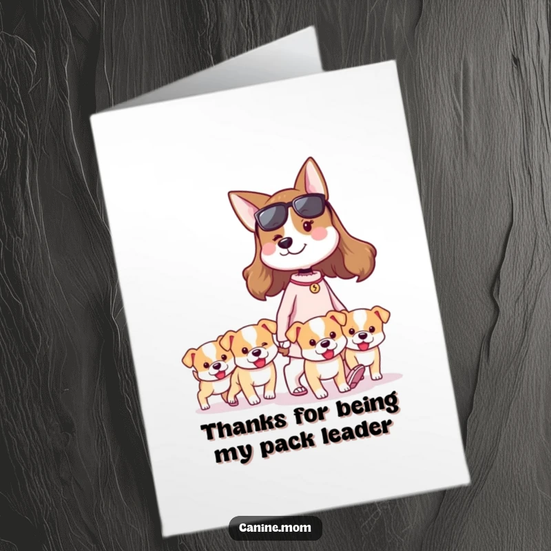 Funny free printable thank you card: a proud dog lady and her tiny puppies expressing gratitude with happy barks.