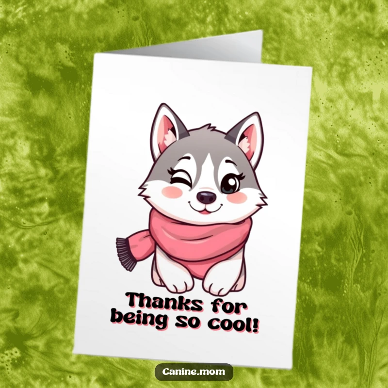 Funny Free Printable Thank You Card: A husky wearing a scarf winks playfully, a cool downloadable thank you.