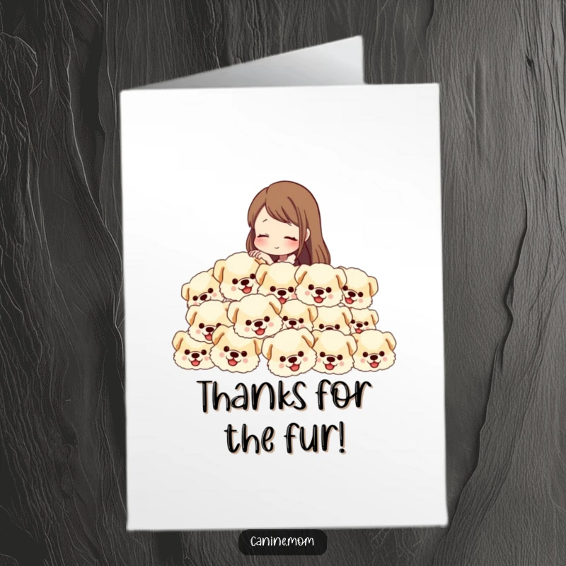 Free Printable Thank You Card: Woman petting a cascade of fluffy dog heads, showing gratitude, DIY gift.