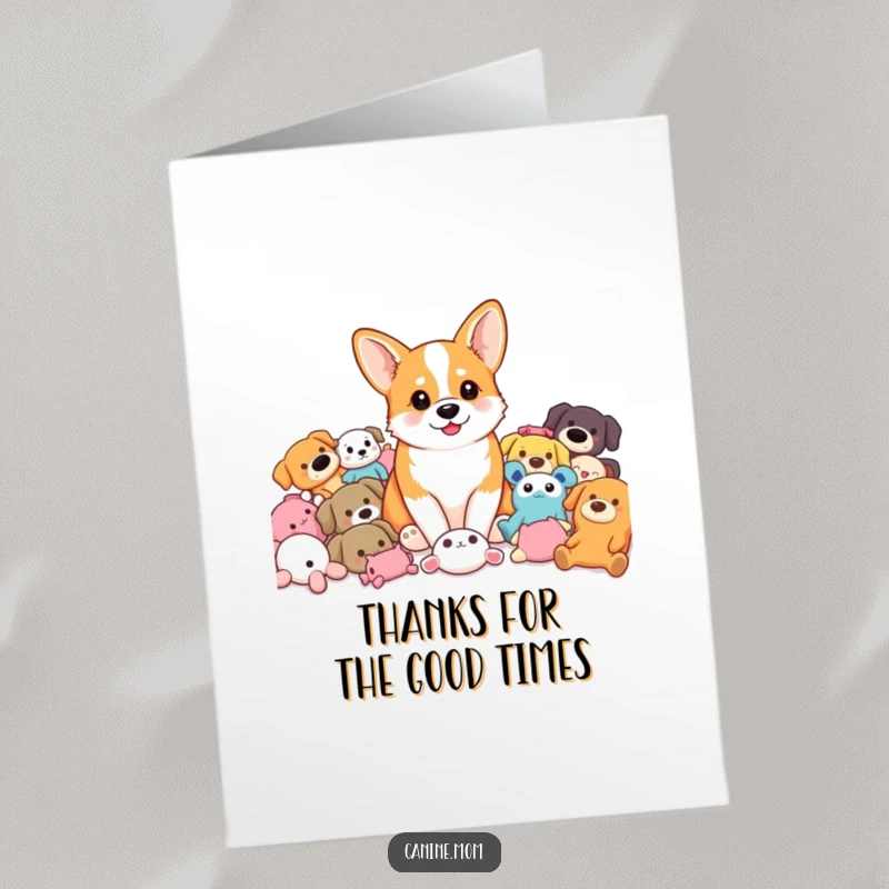 Funny Free Printable Thank You Card featuring a corgi surrounded by colorful toys, offering thanks with a fun, playful vibe.