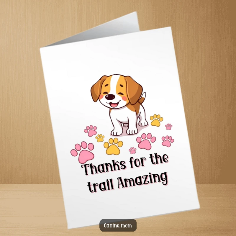 Funny Free Printable Thank You Card featuring a smiling beagle sniffing a vibrant trail of giant paw prints, saying thanks.