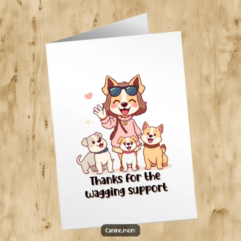 Funny free printable thank you card: a dog lady enthusiastically waving hello to passing dogs, spreading kindness.