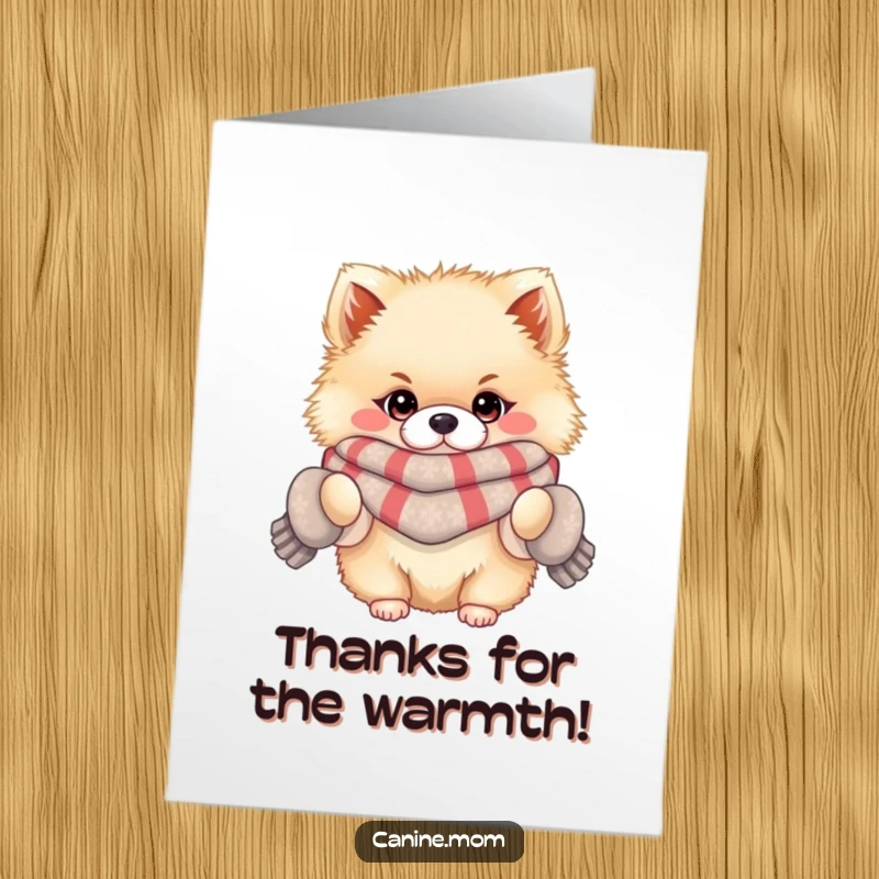 Funny Free Printable Thank You Card: A fluffy Pomeranian in a scarf and mittens, sending warm thanks your way.