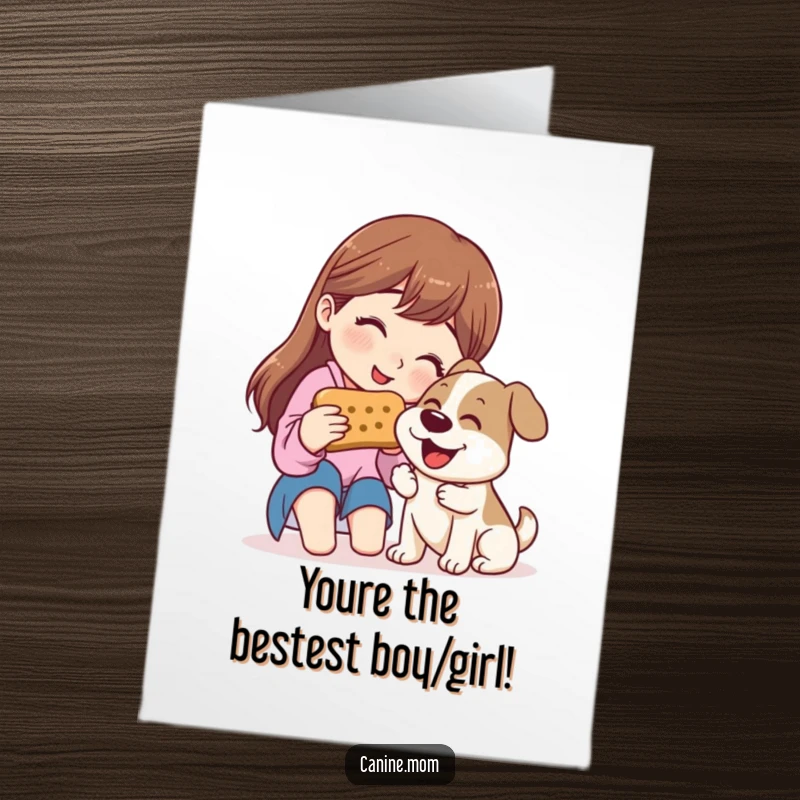 Funny Free Printable Thank You Card: Woman and happy dog sharing a giant biscuit, conveying thanks with humor.