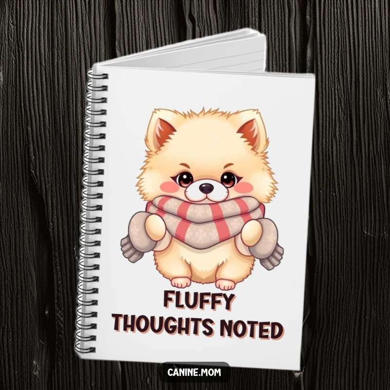 Funny notebook with a fluffy Pomeranian wearing a scarf and mittens, perfect for jotting down thoughts with winter-themed cuteness.