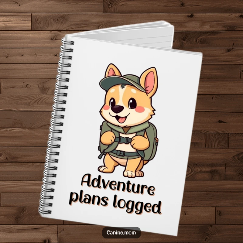 Funny notebook featuring an enthusiastic dog with a backpack, ideal for planning adventures, a funny gift.