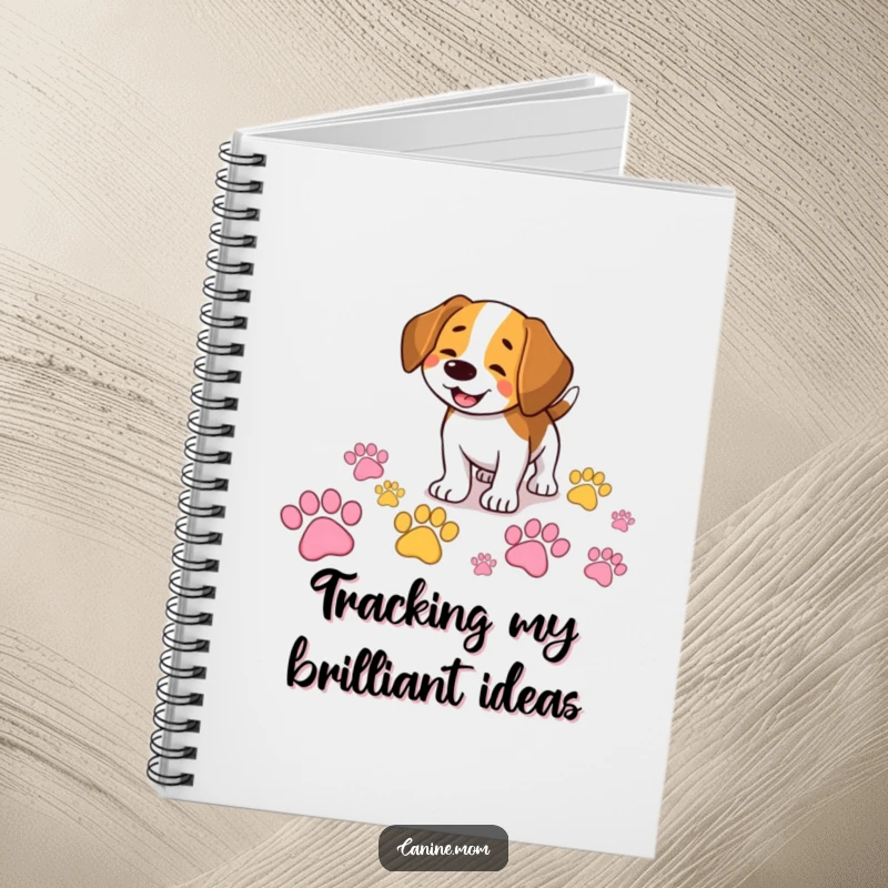 Funny Beagle notebook featuring a smiling dog happily sniffing a trail of giant, colorful paw prints, ideal for note-taking and adventures.