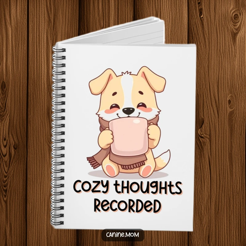Funny notebook cover with a joyful dog wearing a scarf, sipping from a large mug, inspiring cozy thoughts and warm ideas.