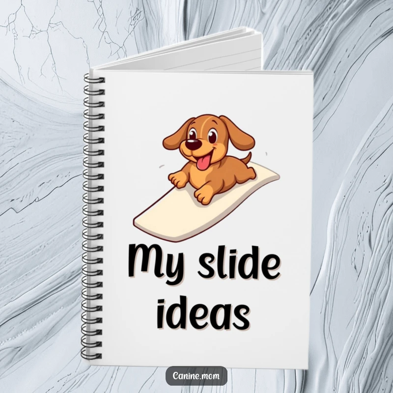 Funny notebook with a cheerful dachshund zooming down a slide on its belly, ready to capture your notes and funny thoughts.
