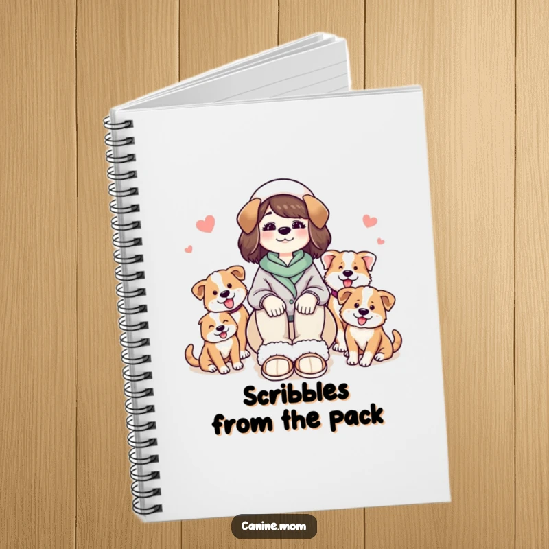 Funny notebook cover: a dog lady in slippers, smiling contentedly amidst a flurry of happy, loving dogs.