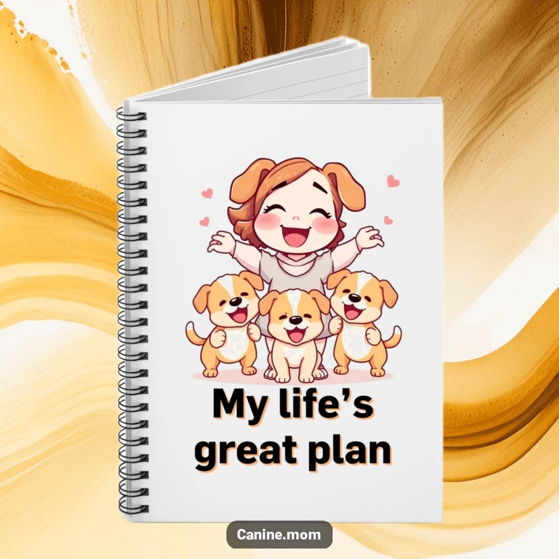 Funny dog lady notebook gleefully juggling three wagging puppies, ideal for notes and as a humorous dog lover's gift.