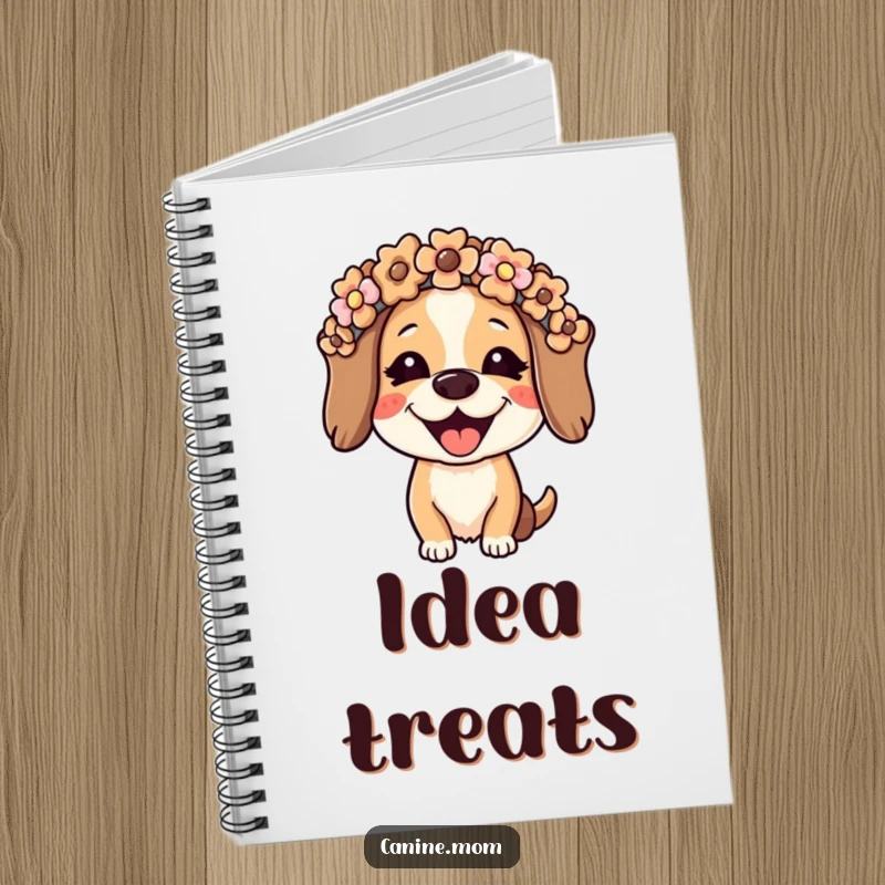 Funny dog lady notebook showing a joyful woman wearing a flower crown made of dog biscuits. Perfect for jotting down notes with a humorous dog-themed cover.