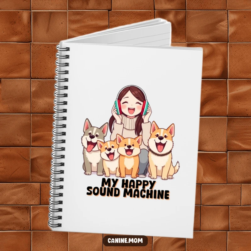 Funny notebook with a woman in earmuffs, smiling amidst joyful dog barks, perfect for jotting thoughts and doggy tales.