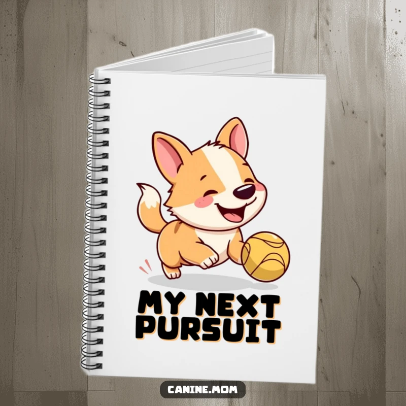Funny dog notebook cover with a dog's excited face, tail a wagging blur, chasing a bouncing ball, ready for notes.