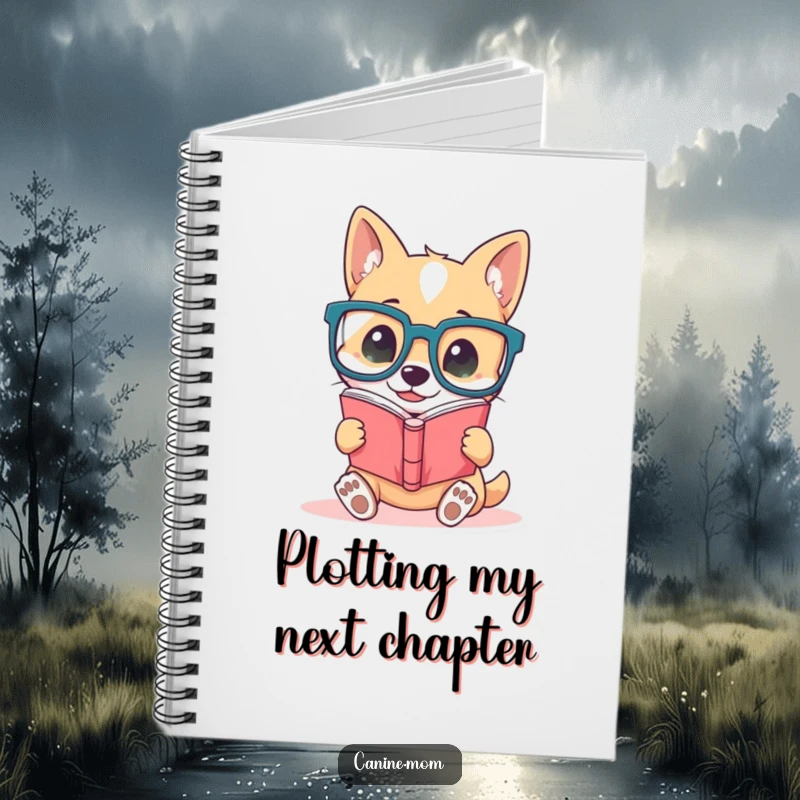Funny dog notebook cover, showing a cute dog wearing large glasses, intently reading a book, a humorous and inspiring design.