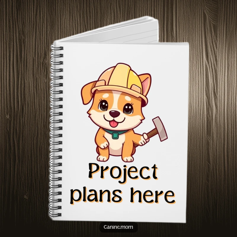 Funny notebook featuring a determined dog with a construction helmet and hammer, ideal for project planning, a funny gift.