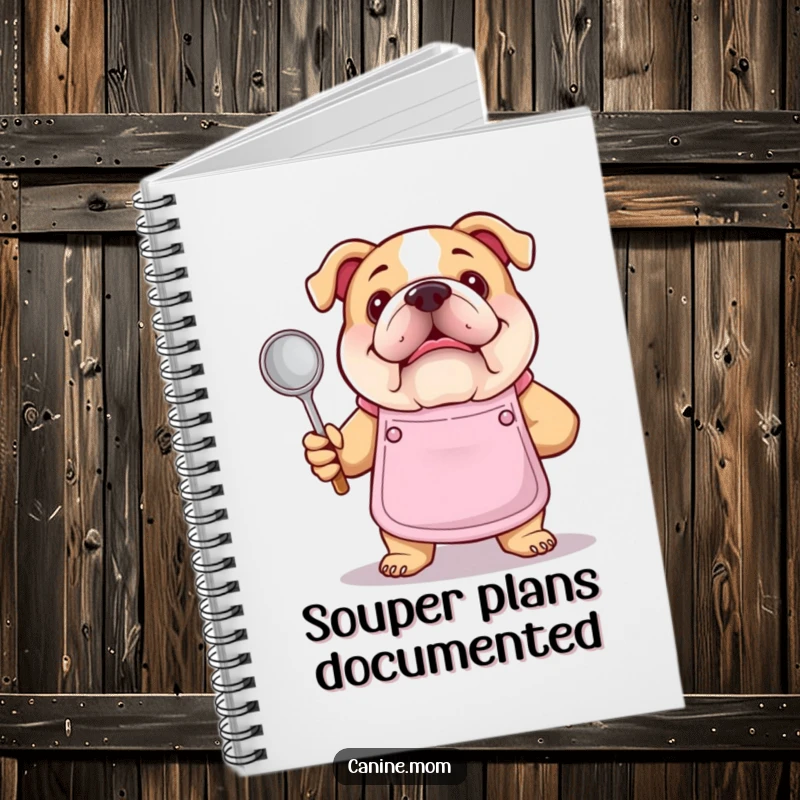 Funny bulldog chef notebook. A bulldog in an apron holds a soup ladle, perfect for writing down recipes and culinary ideas with humor.