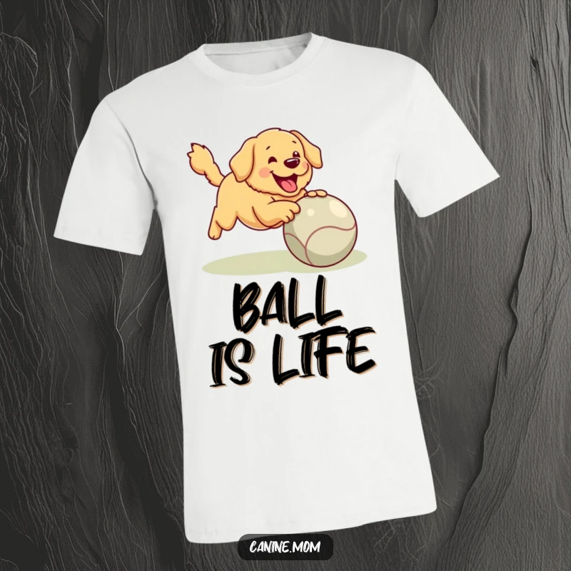 Funny Golden Retriever T-Shirt: A happy golden retriever is depicted mid-fetch with a comically large ball, showcasing pure excitement.