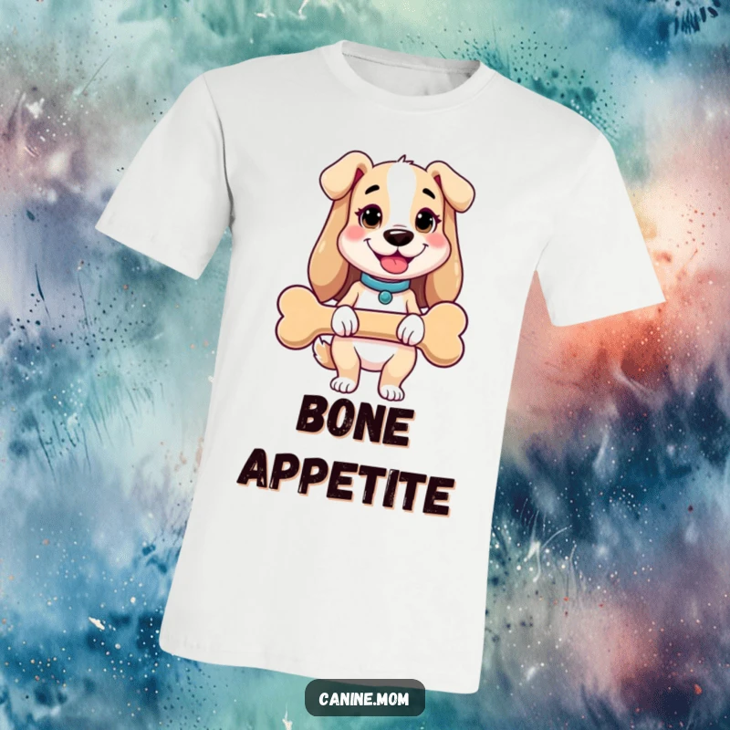 Funny dog lady t-shirt depicting a cheerful woman holding an oversized dog bone. Hilarious and charming apparel for generous pet parents.
