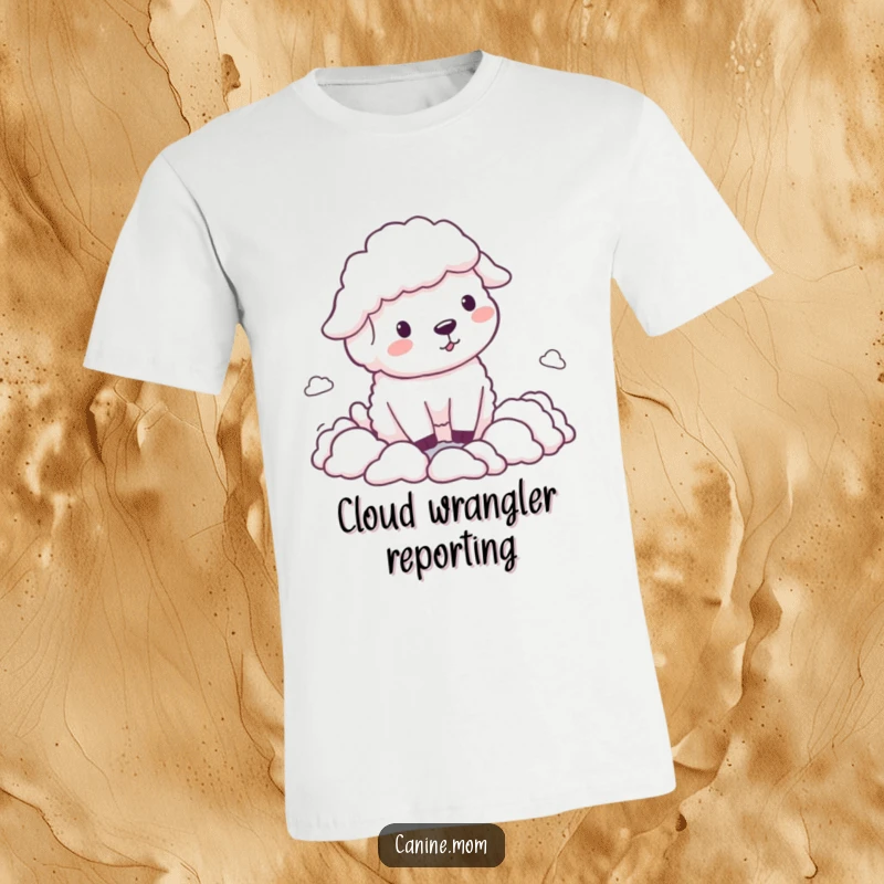 Funny Sheepdog T-Shirt, joyfully herding miniature cloud formations with a playful attitude, perfect for pet enthusiasts.