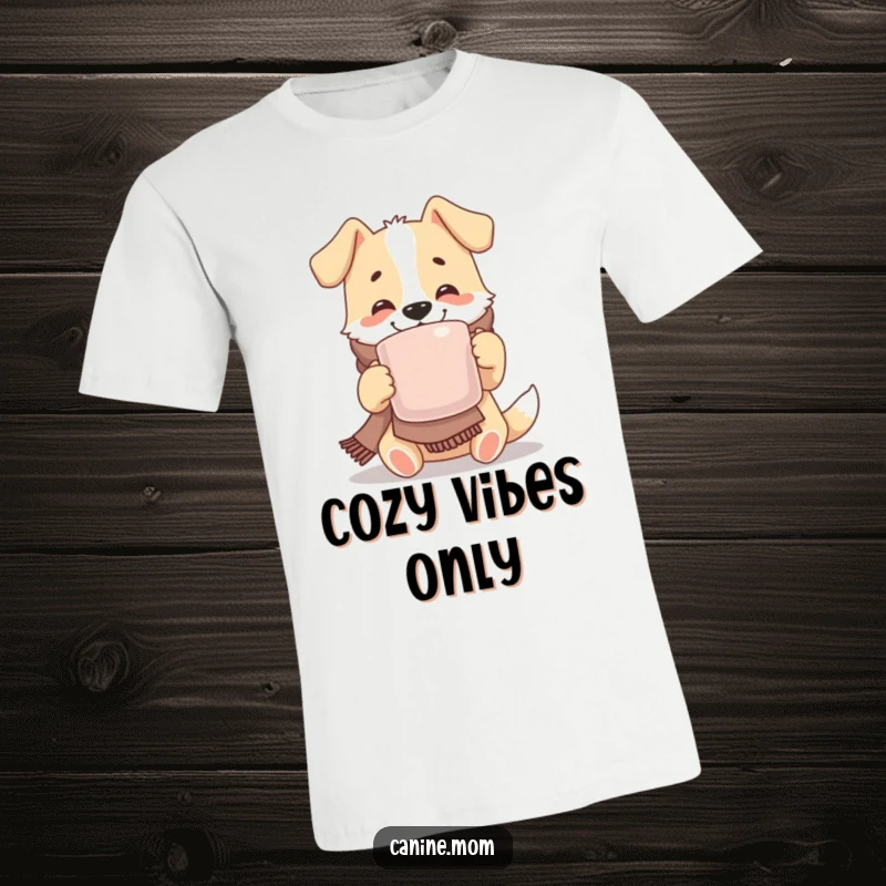 Funny t-shirt depicting a joyful dog in a scarf, happily sipping from a giant mug, embodying warmth, comfort, and cheerful relaxation.