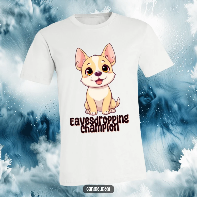Funny dog t-shirt with a dog actively listening, ears sharply pointed, conveying curiosity and attentiveness.