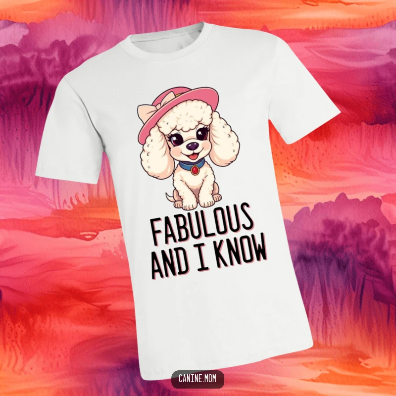 Funny poodle hat t-shirt. A poodle wearing an elegant hat smiles coyly, radiating fashion-forward charm and a hint of playful sass.