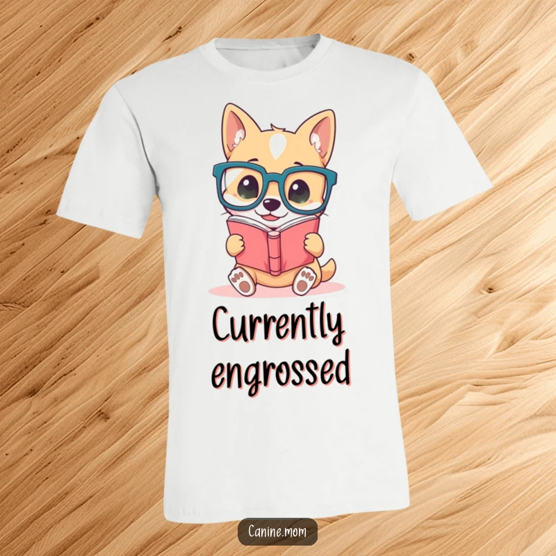 Funny dog t-shirt, depicting a cute pup wearing oversized glasses, completely absorbed in reading a book, a humorous and scholarly scene.