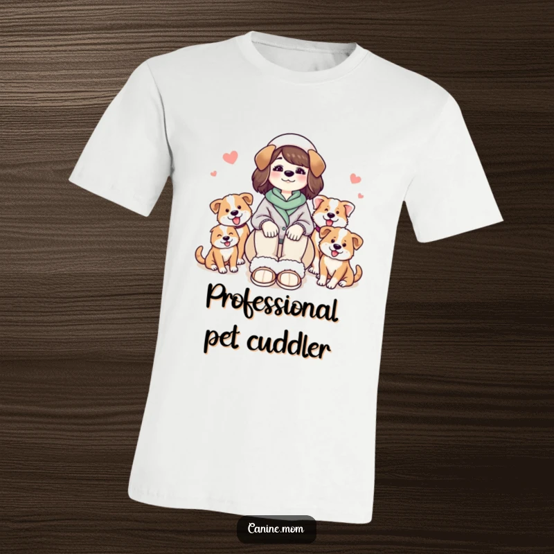 Funny graphic tee: a dog lady in plush slippers, joyfully embraced by a multitude of playful, ecstatic dogs.