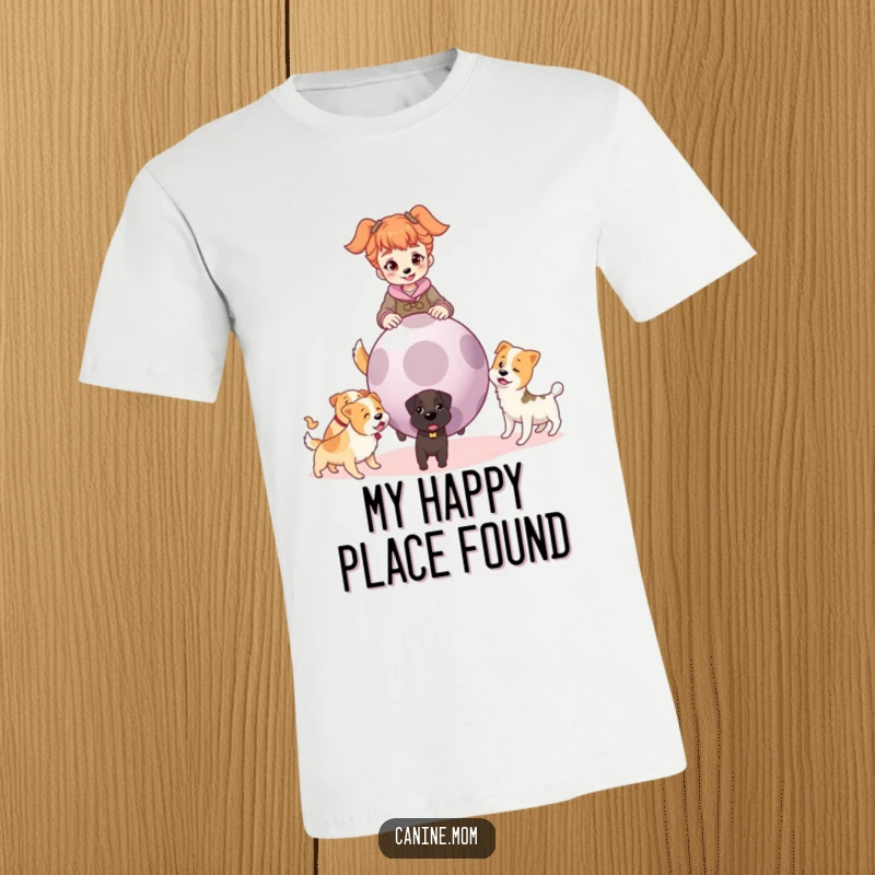 Funny t-shirt of a smiling dog lady about to launch a giant ball, with multiple dogs eagerly anticipating the throw.