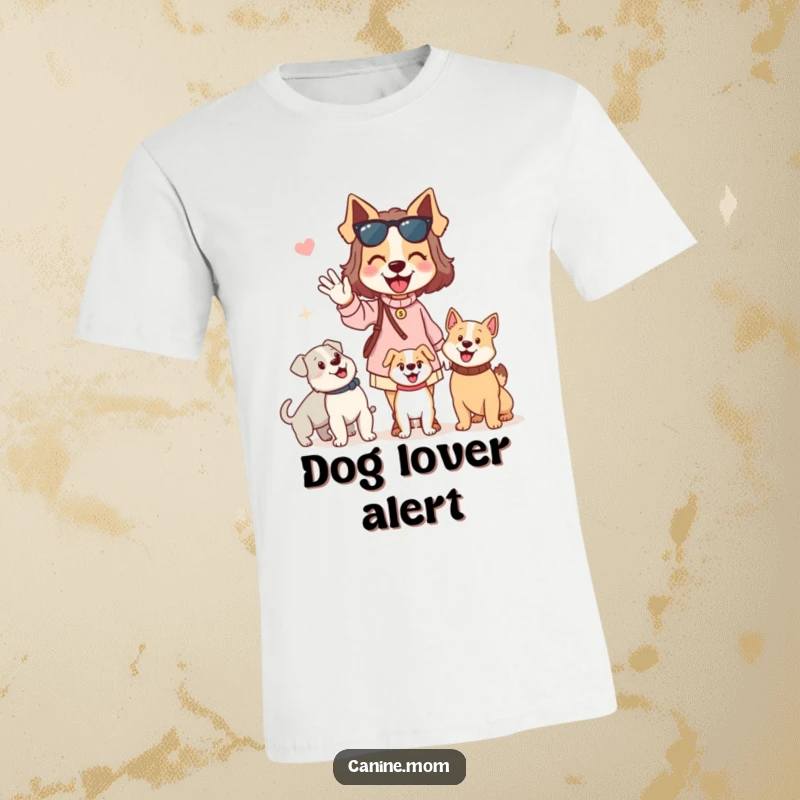 Funny dog lady t-shirt of a woman enthusiastically waving hello to passing dogs. Expresses a cheerful and humorous love for all dogs.