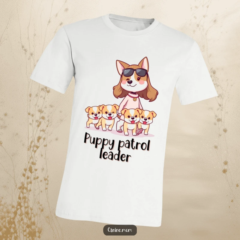 Funny dog lady t-shirt depicting a proud owner walking a bundle of tiny, playful puppies. Captures the joy and humor of managing a small dog crew.