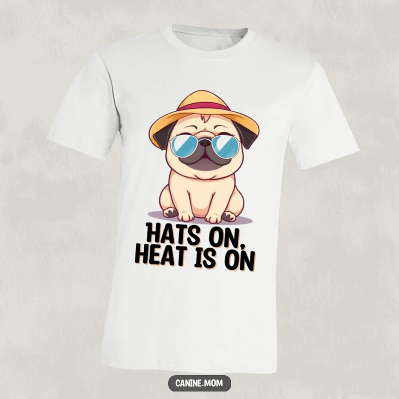 Funny Pug T-Shirt: A pug sports a miniature sun hat, looking utterly content on a bright, warm day. A great funny gift.