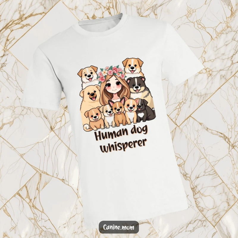 Funny T-Shirt: A woman wearing a flower crown, beaming as many happy dogs surround her in a loving embrace.