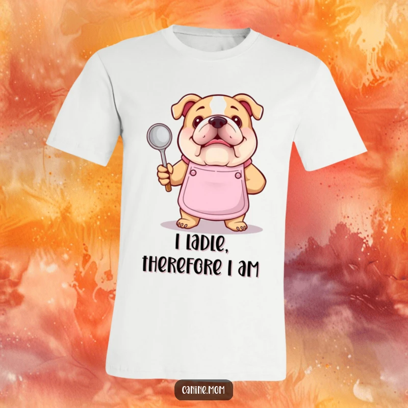 Funny bulldog chef t-shirt. A bulldog wearing an apron proudly displays a soup ladle, ready to create delicious meals with cartoonish charm.