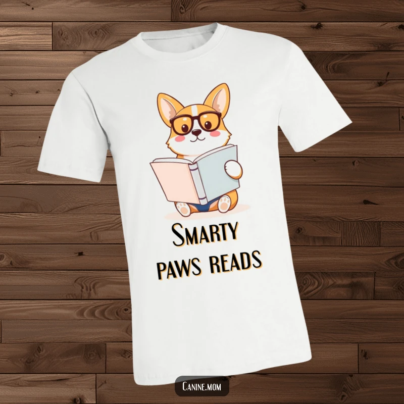 Funny Corgi T-Shirt, donned with spectacles, intently reading a thick book, a sophisticated and humorous piece of apparel.