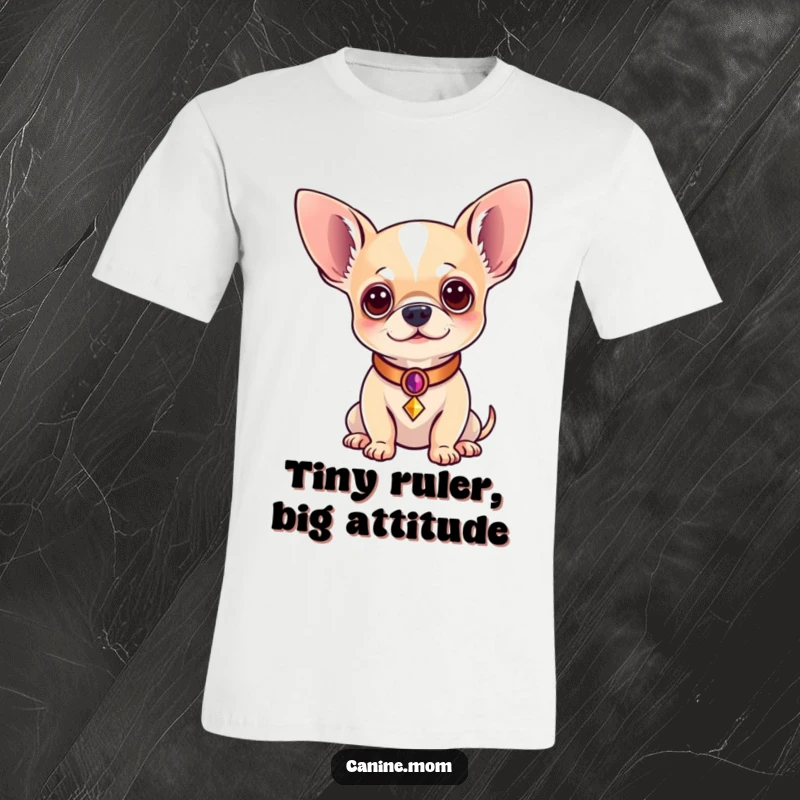 Funny Chihuahua T-Shirt: A dignified chihuahua flaunting a small, decorative collar, exuding pure regality. A funny gift for dog lovers.