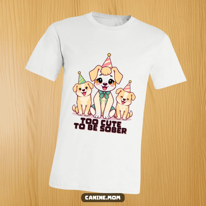 Funny kawaii dog lady character smiling amidst her dogs, all wearing colorful party hats, a scene of pure canine celebration.