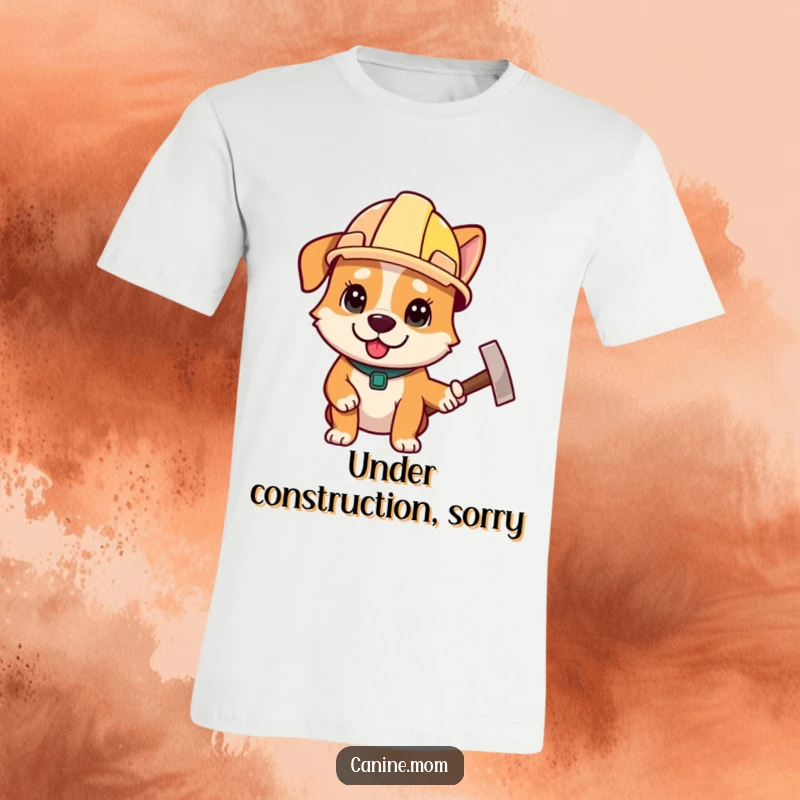 Funny t-shirt featuring a determined dog in a construction helmet, holding a hammer, ready for DIY projects, a funny gift.