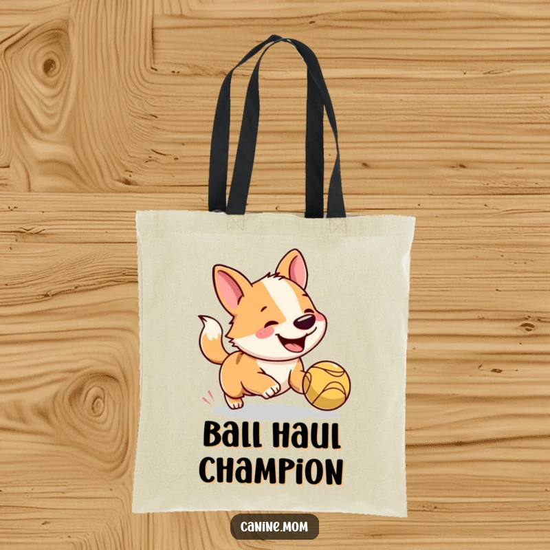 Funny dog tote bag depicting a gleeful dog with its tongue out, chasing a bouncy ball, ready for adventure.