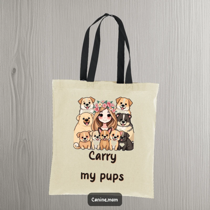 Funny Tote Bag: A woman in a flower crown, playfully surrounded by a loving and energetic group of dogs.
