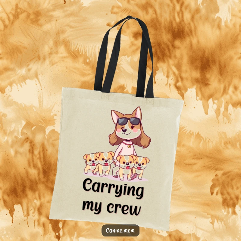 Funny dog lady tote bag illustrating a proud woman walking a joyful pack of tiny puppies. A stylish and humorous accessory for dog enthusiasts.