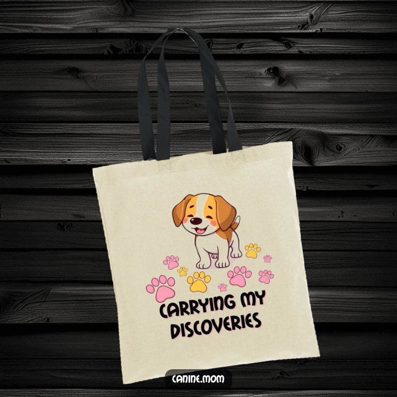 Funny Beagle tote bag featuring a smiling dog happily sniffing a trail of giant, colorful paw prints, ideal for carrying daily items.