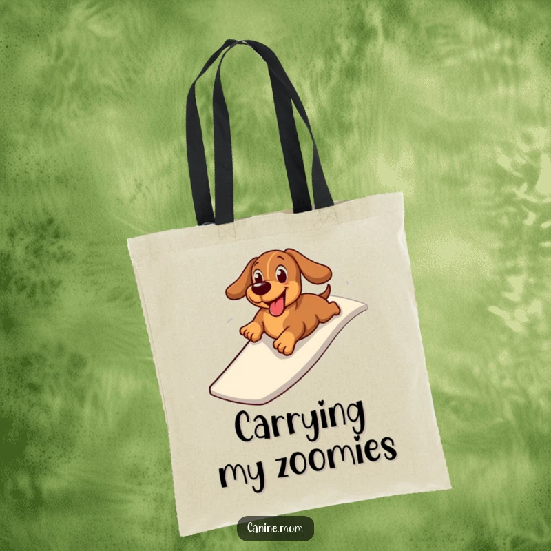 Funny tote bag with a cheerful dachshund zooming down a slide on its belly, perfect for carrying groceries and good vibes.
